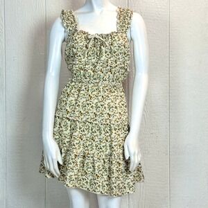 Japna Dress Small Floral Ruffle Tiered Mini Yellow Cream Cottagecore Milkmaid